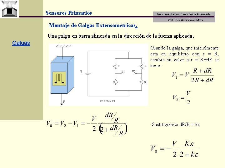 Sensores Primarios Montaje de Galgas Extensometricas. Instrumentación Electrónica Avanzada Prof. José Andrickson Mora Una