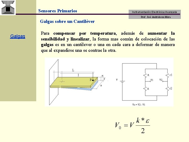 Sensores Primarios Instrumentación Electrónica Avanzada Prof. José Andrickson Mora Galgas sobre un Cantilèver Galgas