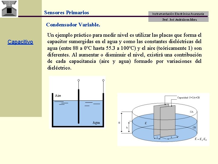 Sensores Primarios Instrumentación Electrónica Avanzada Prof. José Andrickson Mora Condensador Variable. Capacitivo Un ejemplo