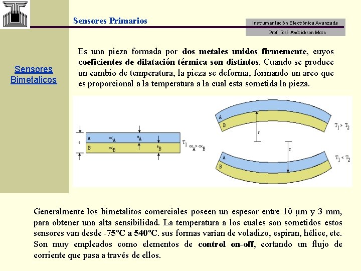 Sensores Primarios Instrumentación Electrónica Avanzada Prof. José Andrickson Mora Sensores Bimetalicos Es una pieza