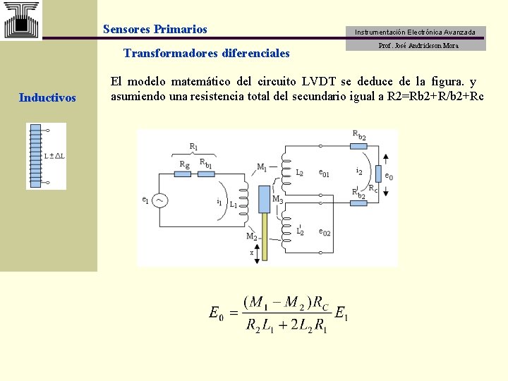 Sensores Primarios Transformadores diferenciales Inductivos Instrumentación Electrónica Avanzada Prof. José Andrickson Mora El modelo