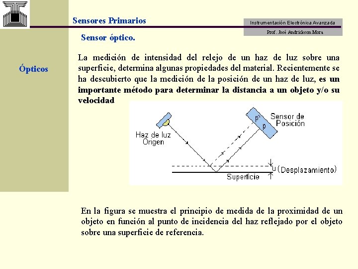Sensores Primarios Sensor óptico. Ópticos Instrumentación Electrónica Avanzada Prof. José Andrickson Mora La medición