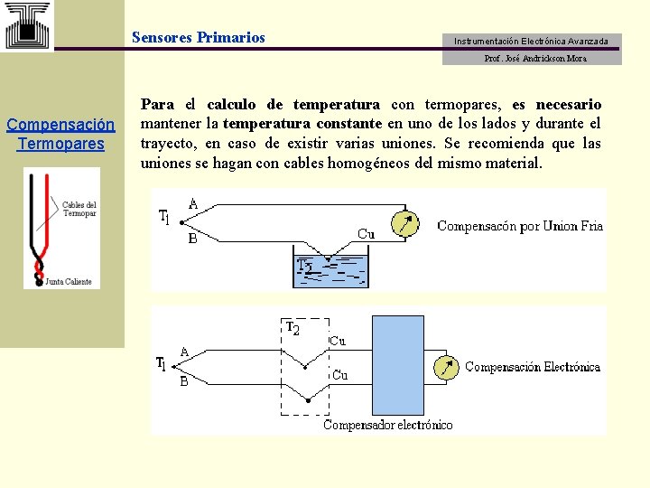 Sensores Primarios Instrumentación Electrónica Avanzada Prof. José Andrickson Mora Compensación Termopares Para el calculo