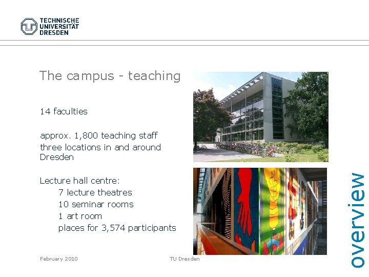 The campus - teaching 14 faculties Lecture hall centre: 7 lecture theatres 10 seminar