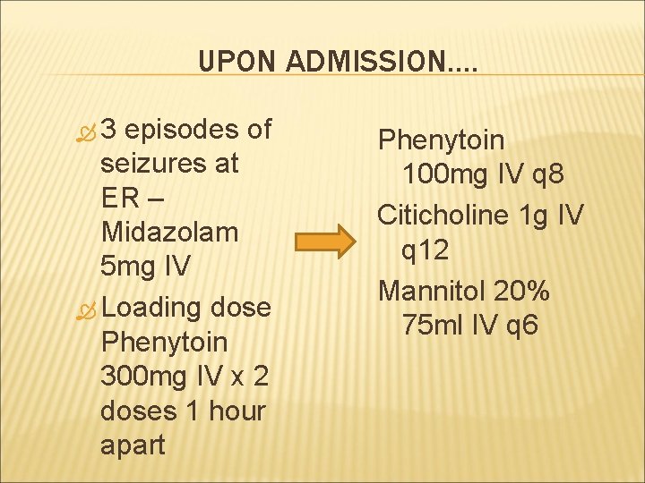 UPON ADMISSION…. 3 episodes of seizures at ER – Midazolam 5 mg IV Loading