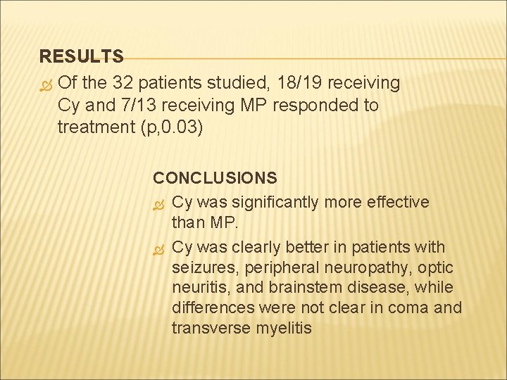 RESULTS Of the 32 patients studied, 18/19 receiving Cy and 7/13 receiving MP responded