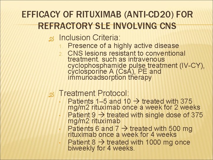 EFFICACY OF RITUXIMAB (ANTI-CD 20) FOR REFRACTORY SLE INVOLVING CNS Inclusion Criteria: 1. 2.