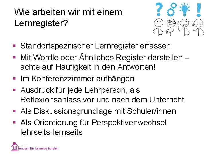 Wie arbeiten wir mit einem Lernregister? § Standortspezifischer Lernregister erfassen § Mit Wordle oder