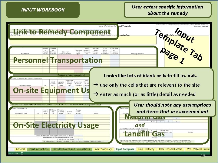 User enters specific information about the remedy INPUT WORKBOOK Te Inp mp ut lat