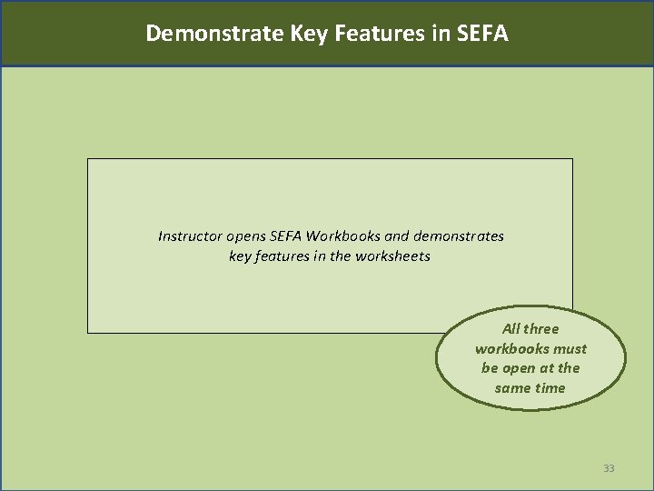 Demonstrate Key Features in SEFA Instructor opens SEFA Workbooks and demonstrates key features in