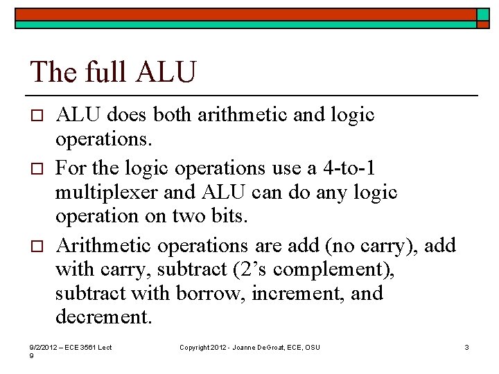 L 26 Datapath ALU implementation Datapath ALU o