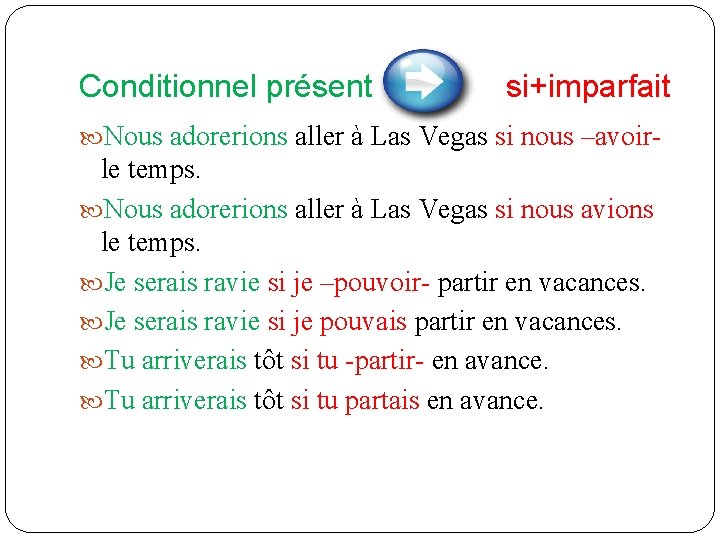 Conditionnel présent si+imparfait Nous adorerions aller à Las Vegas si nous –avoir- le temps. Conditionnel présent si+imparfait Nous adorerions aller à Las Vegas si nous –avoir- le temps.