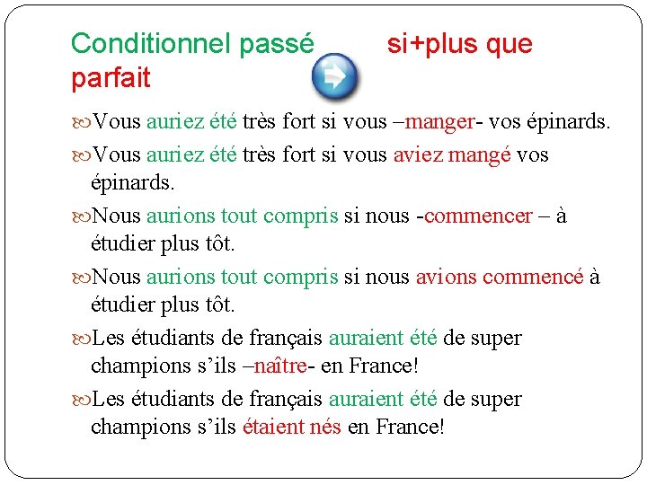 Conditionnel passé parfait si+plus que Vous auriez été très fort si vous –manger- vos Conditionnel passé parfait si+plus que Vous auriez été très fort si vous –manger- vos
