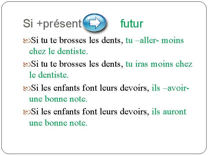 Si +présent futur Si tu te brosses les dents, tu –aller- moins chez le Si +présent futur Si tu te brosses les dents, tu –aller- moins chez le