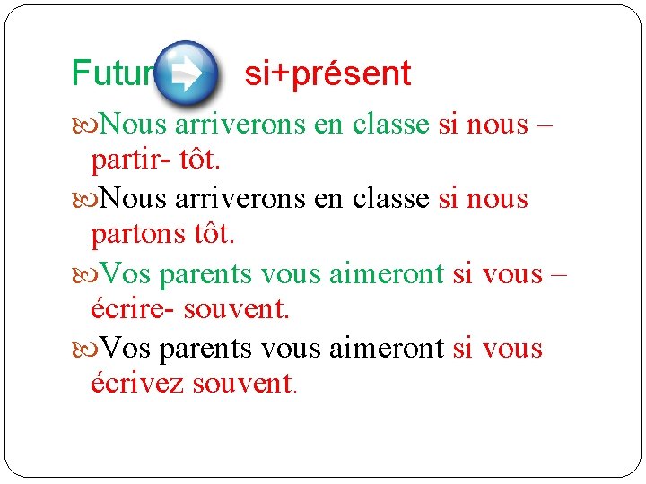 Futur si+présent Nous arriverons en classe si nous – partir- tôt. Nous arriverons en Futur si+présent Nous arriverons en classe si nous – partir- tôt. Nous arriverons en