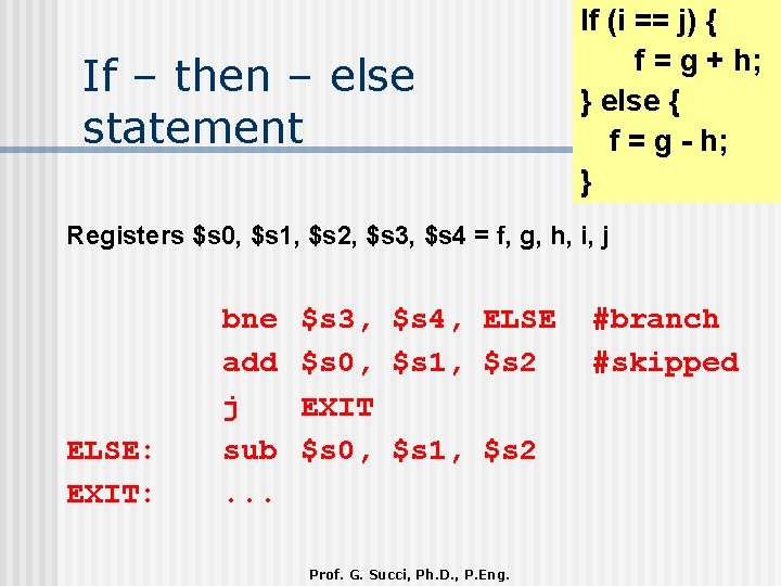 If – then – else statement If (i == j) { f = g