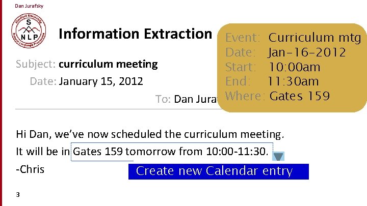 Dan Jurafsky Information Extraction Event: Curriculum mtg Date: Jan-16 -2012 Subject: curriculum meeting Start: