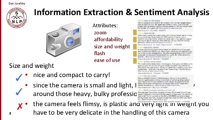 Dan Jurafsky Information Extraction & Sentiment Analysis Attributes: zoom affordability size and weight flash