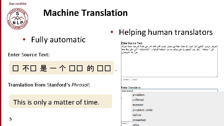 Dan Jurafsky Machine Translation • Fully automatic • Helping human translators Enter Source Text: