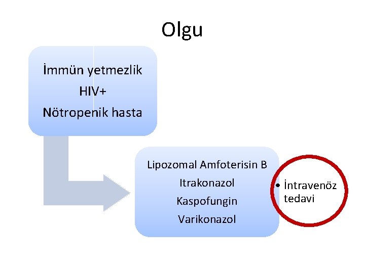 Olgu İmmün yetmezlik HIV+ Nötropenik hasta Lipozomal Amfoterisin B Itrakonazol • İntravenöz tedavi Kaspofungin