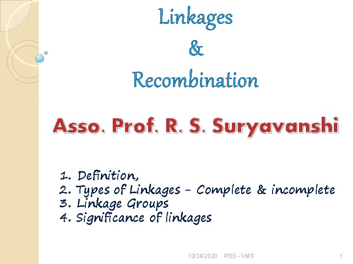 Linkages & Recombination Asso. Prof. R. S. Suryavanshi 1. 2. 3. 4. Definition, Types