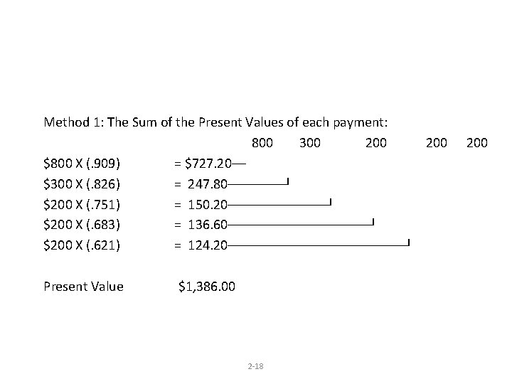 Method 1: The Sum of the Present Values of each payment: 800 300 200