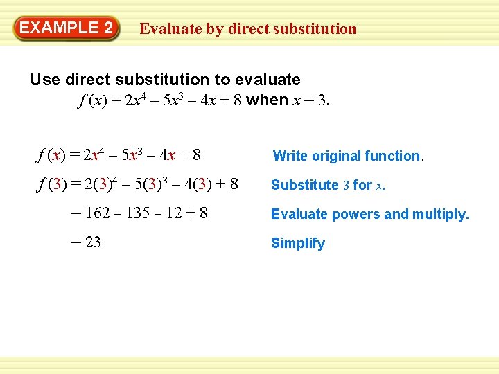 EXAMPLE 2 Evaluate by direct substitution Use direct substitution to evaluate f (x) =