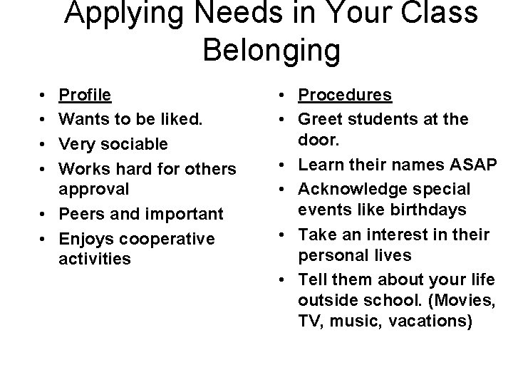 Applying Needs in Your Class Belonging • • Profile Wants to be liked. Very