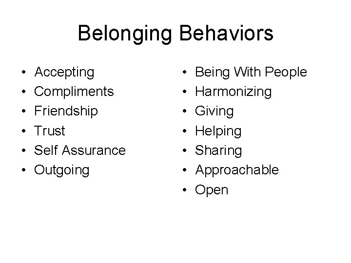 Belonging Behaviors • • • Accepting Compliments Friendship Trust Self Assurance Outgoing • •