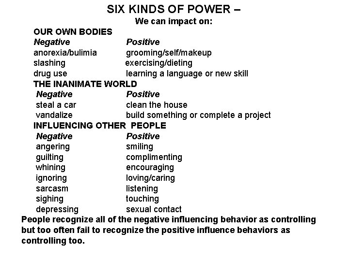 SIX KINDS OF POWER – We can impact on: OUR OWN BODIES Negative Positive