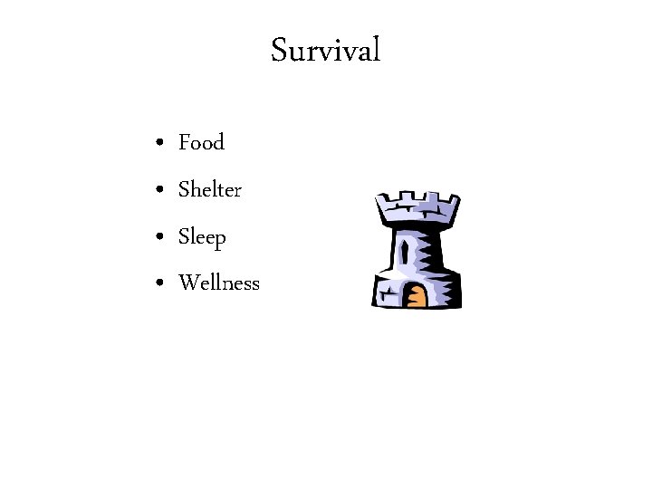 Survival • • Food Shelter Sleep Wellness 