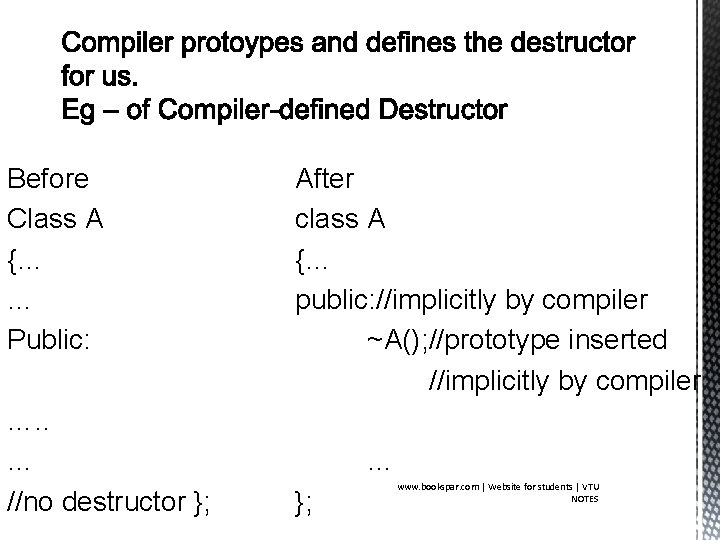 Before Class A {… … Public: …. . … //no destructor }; After class