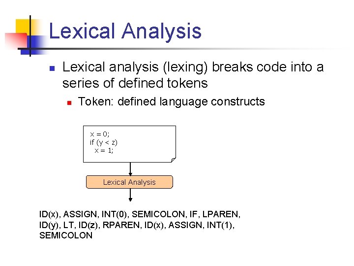 Lexical Analysis n Lexical analysis (lexing) breaks code into a series of defined tokens