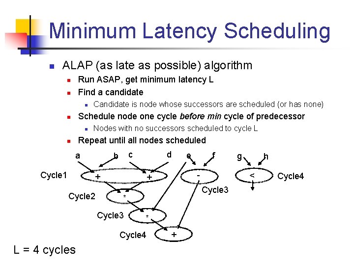 Minimum Latency Scheduling n ALAP (as late as possible) algorithm Run ASAP, get minimum