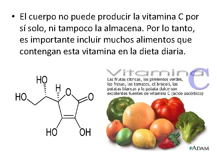 • El cuerpo no puede producir la vitamina C por sí solo, ni • El cuerpo no puede producir la vitamina C por sí solo, ni