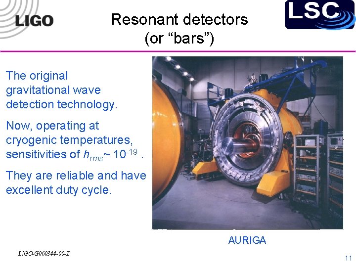 Resonant detectors (or “bars”) The original gravitational wave detection technology. Now, operating at cryogenic