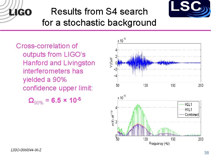 Results from S 4 search for a stochastic background Cross-correlation of outputs from LIGO’s