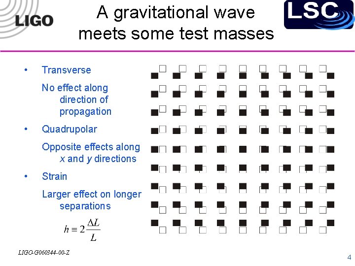 A gravitational wave meets some test masses • Transverse No effect along direction of