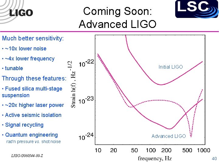 Coming Soon: Advanced LIGO Much better sensitivity: • ~10 x lower noise • ~4