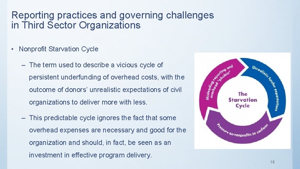 Reporting practices and governing challenges in Third Sector Organizations • Nonprofit Starvation Cycle –