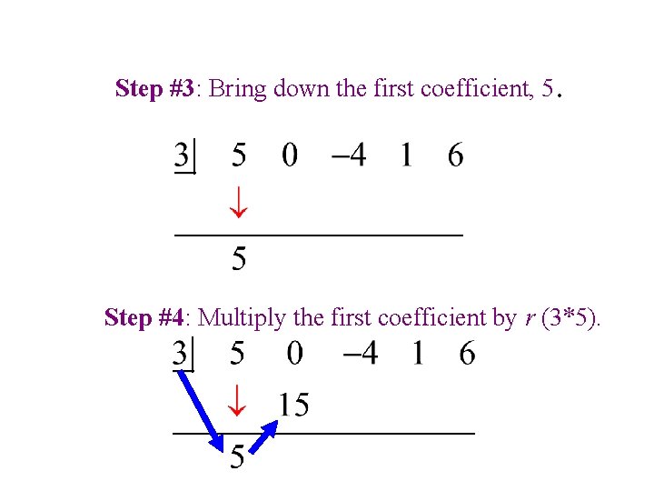 Step #3: Bring down the first coefficient, 5. Step #4: Multiply the first coefficient Step #3: Bring down the first coefficient, 5. Step #4: Multiply the first coefficient