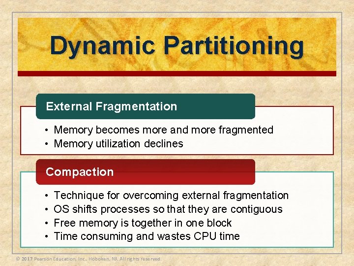 Dynamic Partitioning External Fragmentation • Memory becomes more and more fragmented • Memory utilization Dynamic Partitioning External Fragmentation • Memory becomes more and more fragmented • Memory utilization
