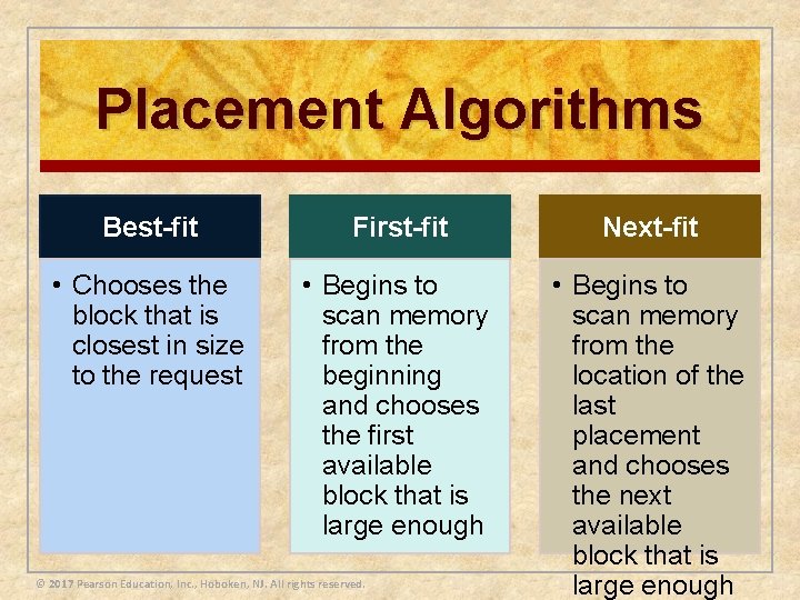 Placement Algorithms Best-fit First-fit Next-fit • Chooses the block that is closest in size Placement Algorithms Best-fit First-fit Next-fit • Chooses the block that is closest in size
