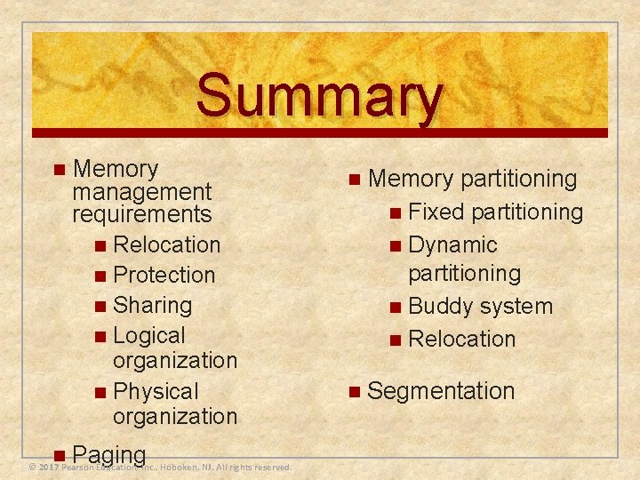 Summary n n Memory management requirements n Relocation n Protection n Sharing n Logical