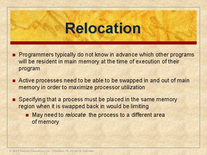 Relocation n Programmers typically do not know in advance which other programs will be