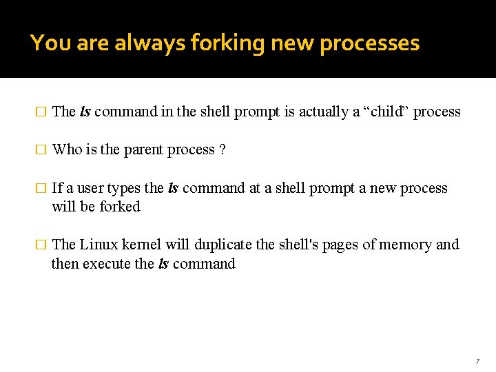 You are always forking new processes � The ls command in the shell prompt