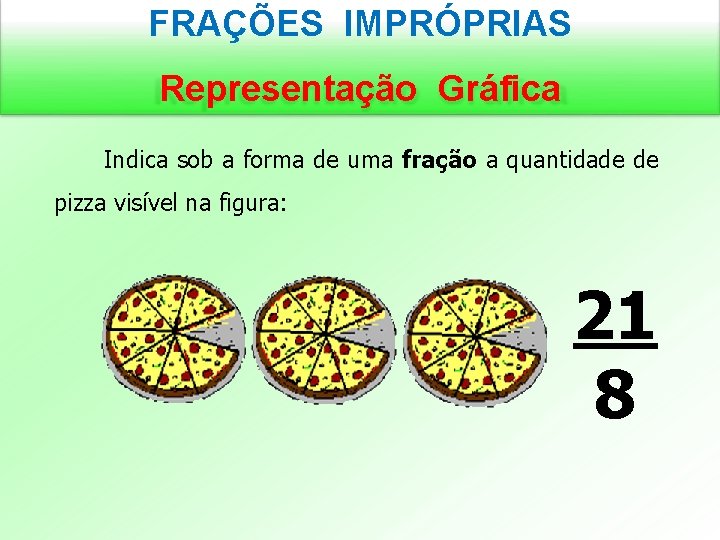 FRAÇÕES IMPRÓPRIAS Representação Gráfica Indica sob a forma de uma fração a quantidade de