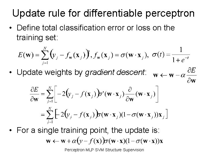 Update rule for differentiable perceptron • Define total classification error or loss on the