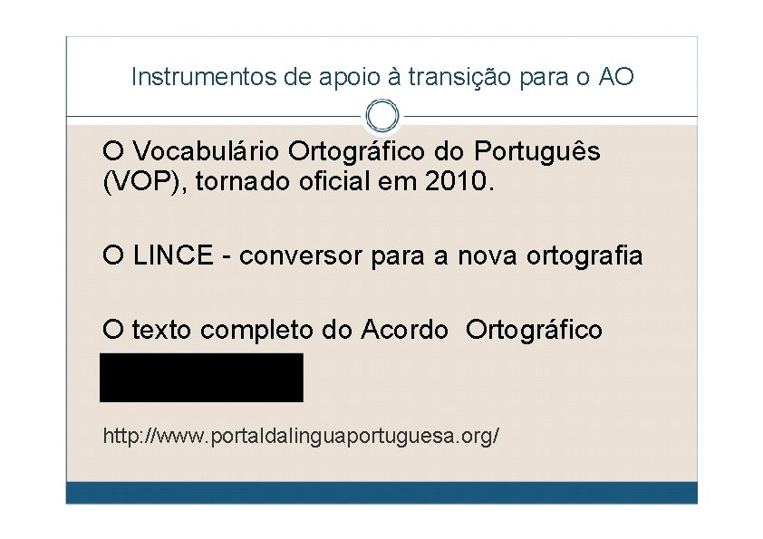 Instrumentos de apoio à transição para o AO O Vocabulário Ortográfico do Português (VOP),