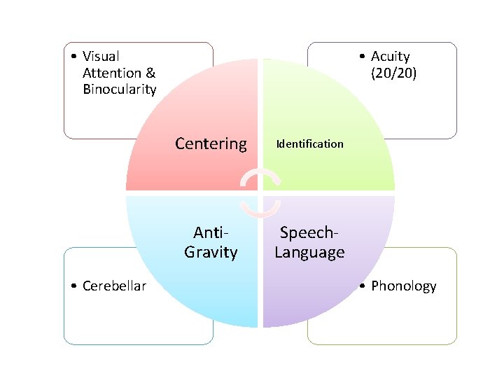  • Visual Attention & Binocularity • Cerebellar • Acuity (20/20) Centering Identification Anti.